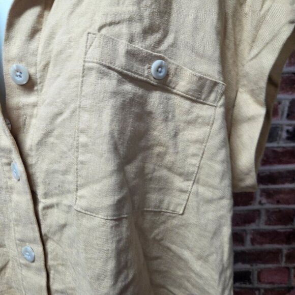 Isabel Maternity Linen Button-Up Shirt Large Taupe V Neck Short Sleeve Collared - Picture 3 of 6